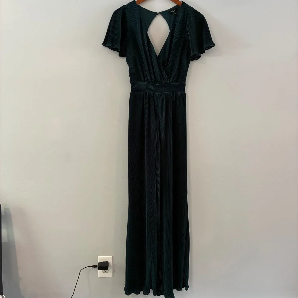 Lulus Jumpsuit XS Green Pleated Wide Leg Flutter Sleeve Wedding Party Cocktail